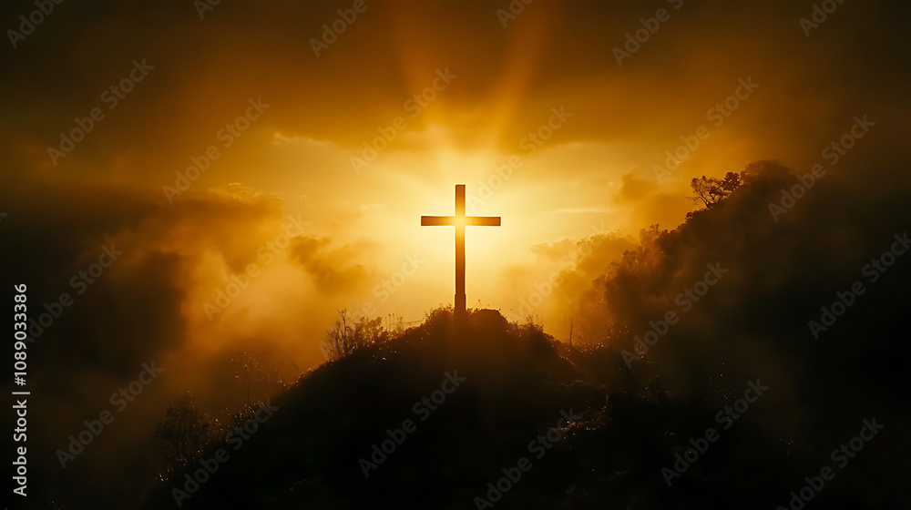 Naklejka premium silhouette of wooden cross stands firmly against dramatic sunset