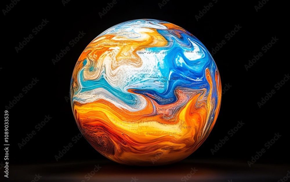 Abstract art sphere. Vibrant swirling colors of blue, orange, and white create a mesmerizing planet-like effect against a black background. Abstract art sphere. Vibrant swirling colors of blue, orange, and white create a mesmerizing planet-like effect against a black background.