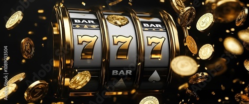 3D slot machine with gold coins and the golden number 