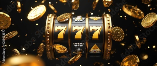 3D slot machine with gold coins and the golden number "777"