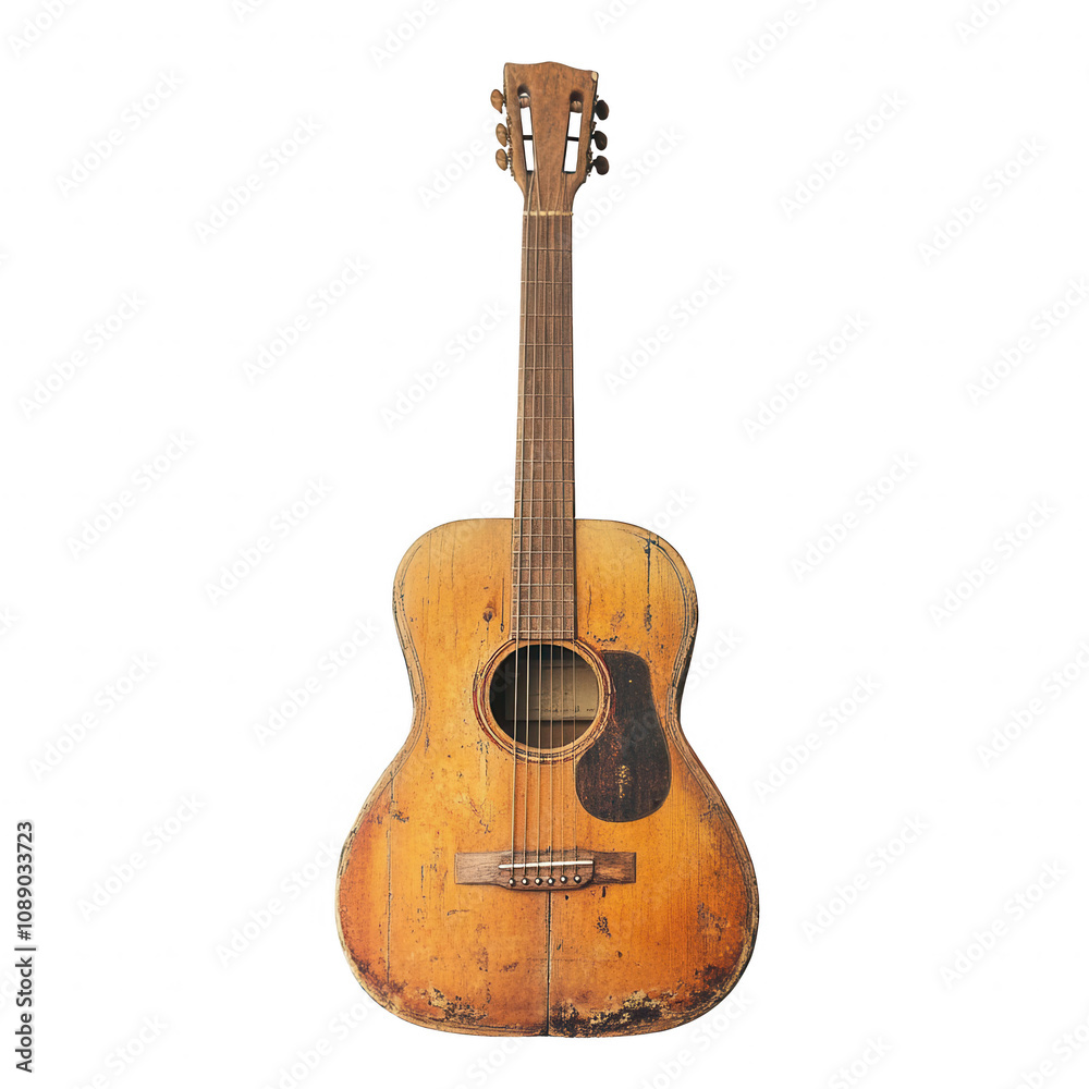 Naklejka premium A vintage acoustic guitar with a beautifully worn body, perfect for music lovers., isolated on a transparent background.