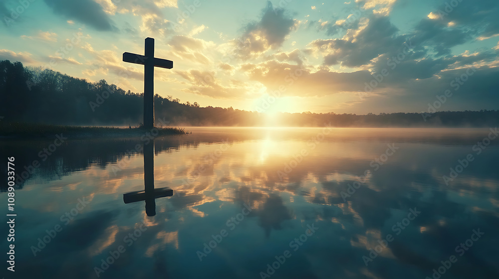 serene scene of cross beside calm lake at sunset, reflecting beauty of nature serene scene of cross beside calm lake at sunset, reflecting beauty of nature