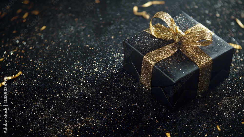 A Luxurious Black Gift Box with Golden Ribbon, Perfect for a Special Occasion A Luxurious Black Gift Box with Golden Ribbon, Perfect for a Special Occasion