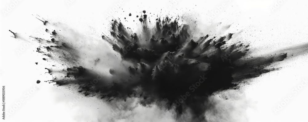 Dramatic black ink explosion on white background. Dynamic splatter effect with dark center burst and radiating droplets. High contrast abstract design perfect for creative projects. 8k wide banner Dramatic black ink explosion on white background. Dynamic splatter effect with dark center burst and radiating droplets. High contrast abstract design perfect for creative projects. 8k wide banner