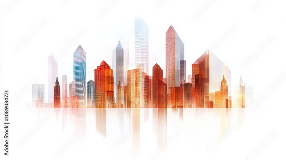 Fototapeta premium Modern skyscrapers silhouette at sunrise in urban landscape architectural drawing contemporary design aesthetic skyline futuristic view city ambiance