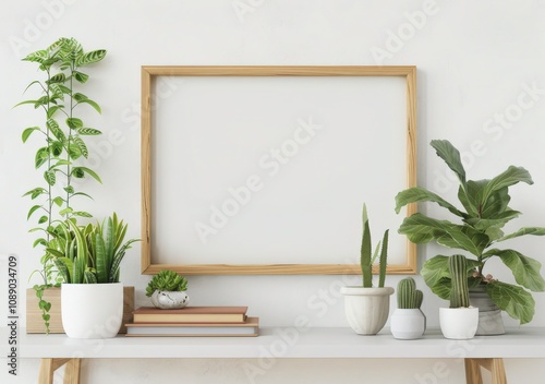 A blank wooden frame on a white shelf with vases, books, and potted plants