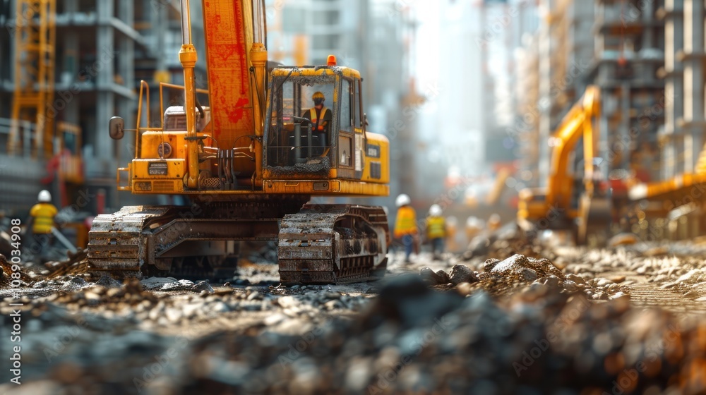 A construction site with workers and machinery, featuring warm lighting and an industrial environment. A construction site with workers and machinery, featuring warm lighting and an industrial environment.