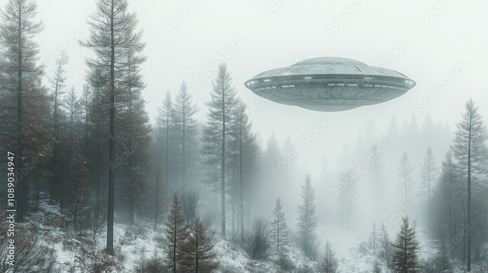 Mysterious UFO hovering above a snowy forest in dense fog, creating an eerie and atmospheric sci-fi scene filled with intrigue and mystery. Mysterious UFO hovering above a snowy forest in dense fog, creating an eerie and atmospheric sci-fi scene filled with intrigue and mystery.