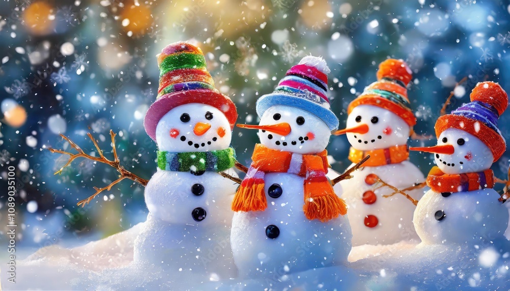 Fototapeta premium Group of snowmen in colorful scarves and hats in snowy background