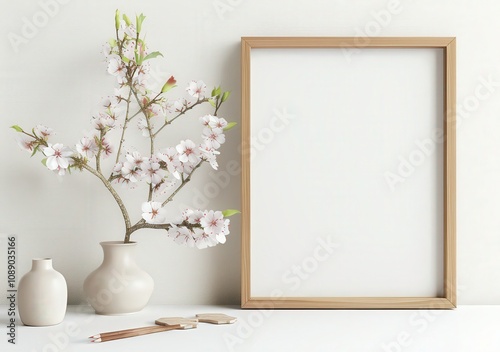 A simple, elegant still life with a wooden frame and pink flowers in a glass vase on a white marble surface