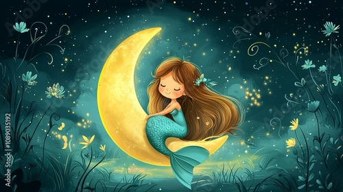 illustration lullaby theme, A whimsical illustration of a mermaid sitting on a crescent moon, surrounded by glowing flowers and stars, evoking a magical nighttime atmosphere.