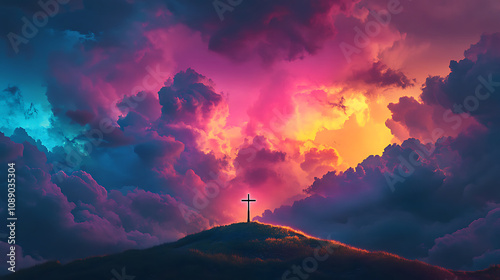 serene cross stands on hilltop under vibrant sky filled with colorful clouds