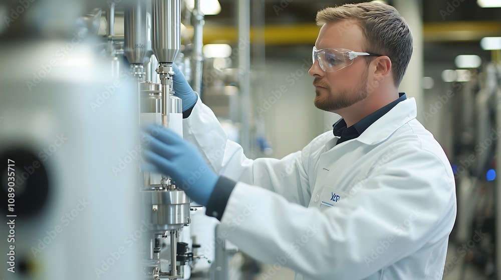 Laboratory technician analyzes fuel composition in advanced research facility Laboratory technician analyzes fuel composition in advanced research facility