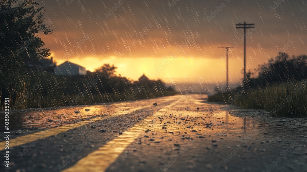 Coastal village road during a rainstorm at dusk with mist and reflective wet pavement Coastal village road during a rainstorm at dusk with mist and reflective wet pavement