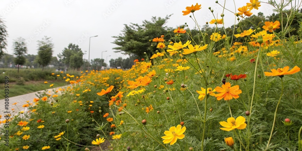 Obraz premium Diverse yellow and orange Cosmos flowers swaying gently in a breezy garden setting, yellow cosmos, colorful wildflowers, garden blooms