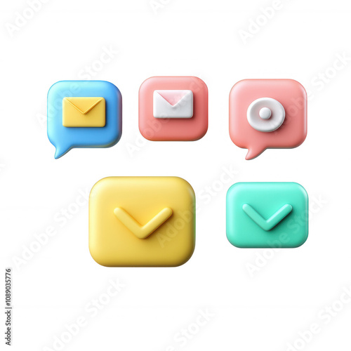 Colorful 3D icons representing communication and task management in digital platforms.