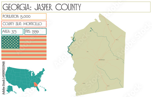 Large and detailed map of Jasper County in Georgia USA.
