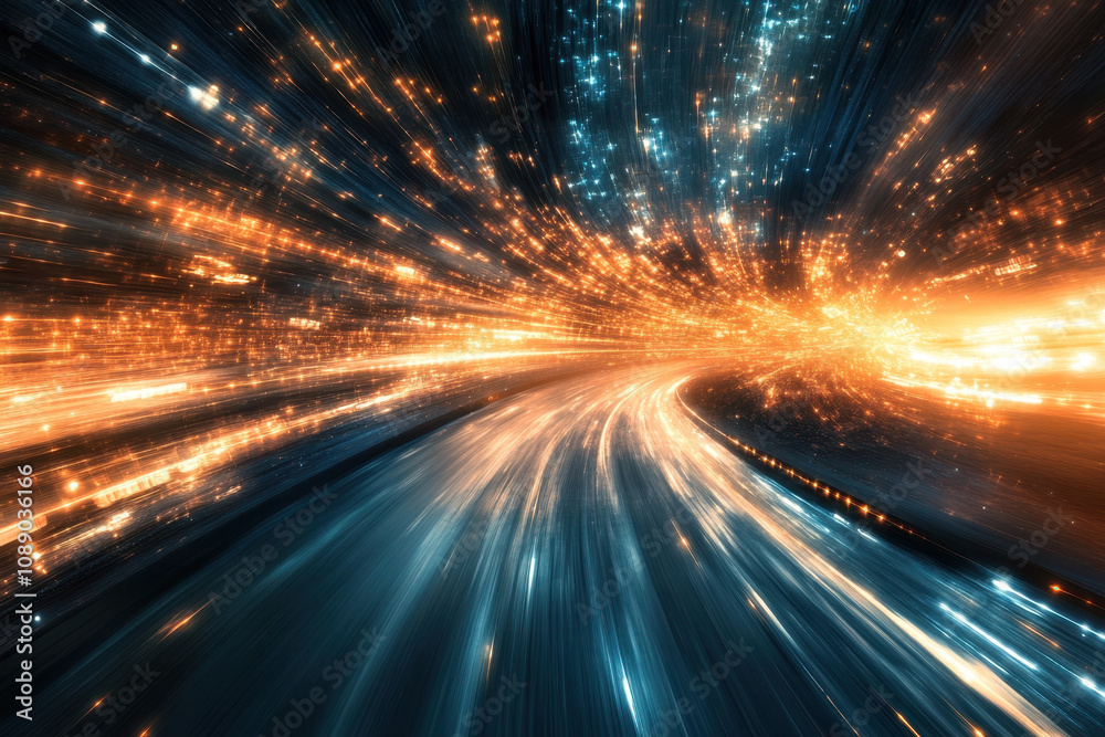 Dynamic abstract depiction of motion and speed with vibrant orange and blue blurred light trails, creating an energetic and futuristic atmosphere. Dynamic abstract depiction of motion and speed with vibrant orange and blue blurred light trails, creating an energetic and futuristic atmosphere.