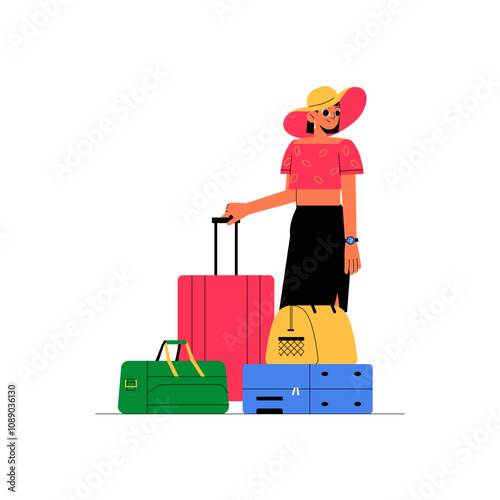 Female Traveler With Luggage In Flat Vector Illustration Symbolizing Vacation, Tourism, And Travel Adventures, Isolated On White Background