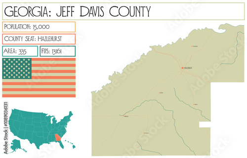 Large and detailed map of Jeff Davis County in Georgia USA.