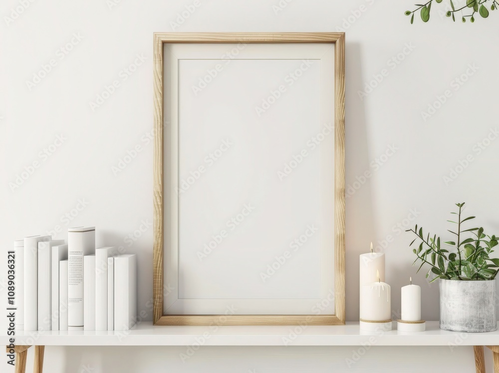 A wooden shelf with a blank frame, a vase with green plants, a candle, and books on a white wall background A wooden shelf with a blank frame, a vase with green plants, a candle, and books on a white wall background