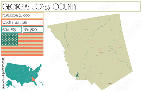 Large and detailed map of Jones County in Georgia USA.