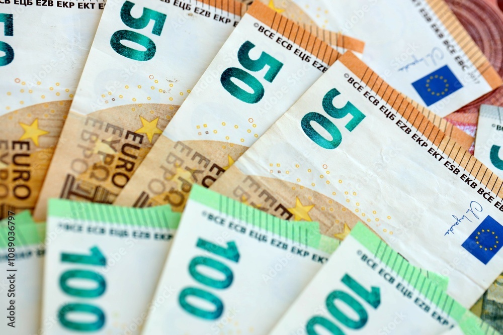 Many real european euro banknotes in big pile Many real european euro banknotes in big pile