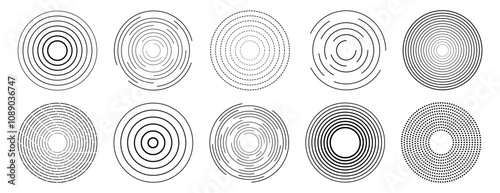 Set of different concentric ripple circles vector set. Radial signal, sonar wave, soundwave icons