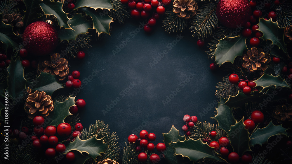 Festive Victorian style Christmas frame with branches, oculus berries on dark blue background. New Year vintage background for holiday cards, invitations and winter-themed decorations Festive Victorian style Christmas frame with branches, oculus berries on dark blue background. New Year vintage background for holiday cards, invitations and winter-themed decorations