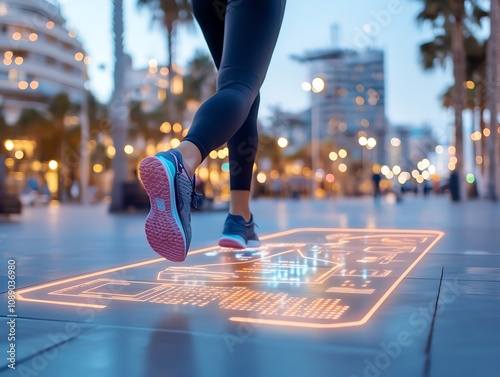 A glowing hologram guiding a jogger in a hightech urban fitness park at night photo