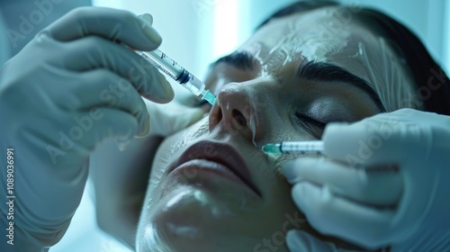 A professional clinic scene showcasing a patient receiving a dermal filler injection, emphasizing precision and volumizing effects. photo