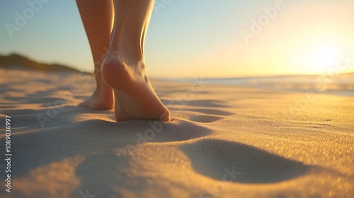 Bare feet walking on sandy beach leaving footprints during golden sunrise glow, copy space