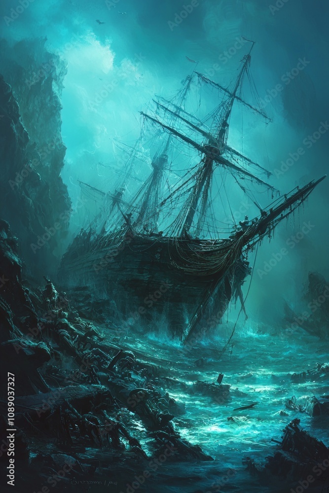 Obraz premium A sunken ship at the sea bed 