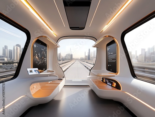 A highspeed train interior where passengers interact with AR entertainment pods