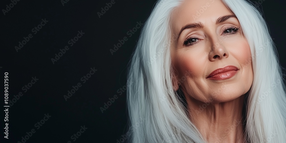 Close-up of a beautiful senior woman with long white hair, in a minimalist beauty style Close-up of a beautiful senior woman with long white hair, in a minimalist beauty style