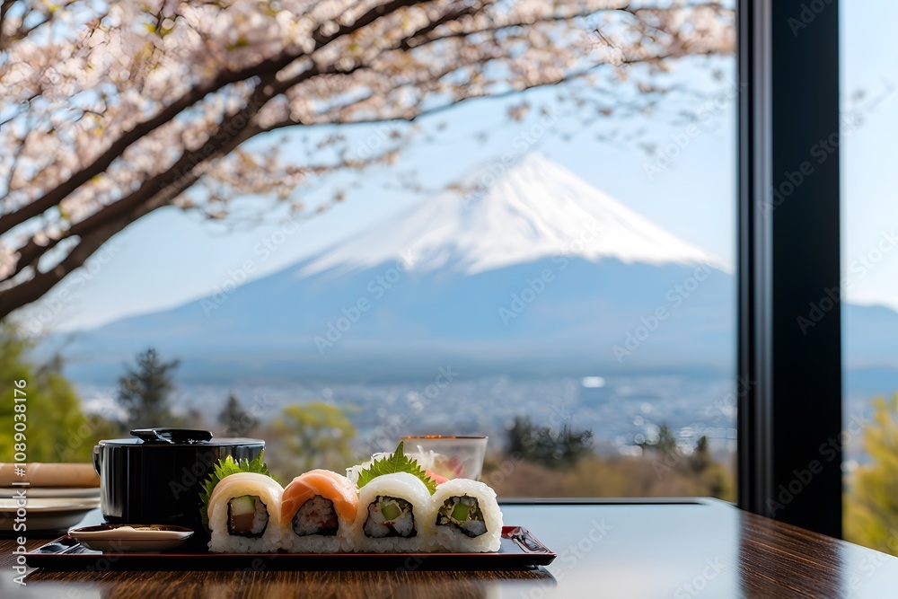 Fototapeta premium Sushi Platter for a Fancy Restaurant with Mount Fuji in the Background – A Stunning Fusion of Fine Dining and Iconic Japanese Landscape