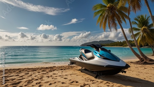 An elegant jet ski sits on a sandy beach surrounded by palm trees with a stunning turquoise ocean and blue sky in the background, perfect for adventure and relaxation