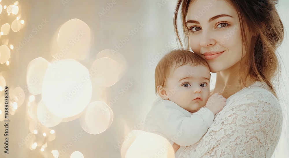 Happy young mother holding and kissing her baby in white against a blurred background with lights Happy young mother holding and kissing her baby in white against a blurred background with lights