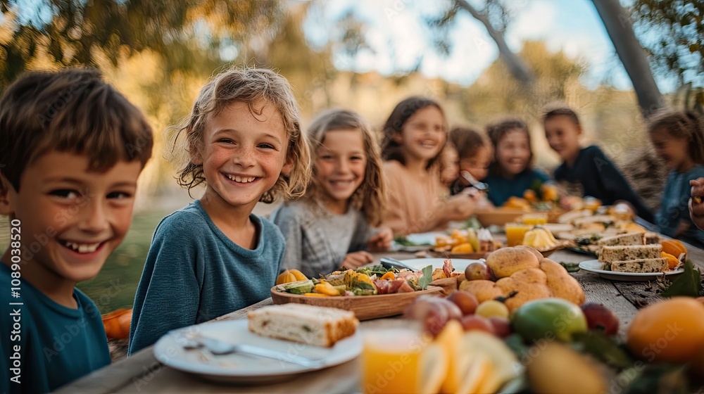 A group of happy children enjoying healthy food at an outdoor table, with various fruits and sandwiches on the plates A group of happy children enjoying healthy food at an outdoor table, with various fruits and sandwiches on the plates