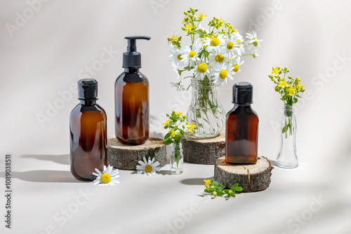 Skin care products in amber vials on a wooden podium and pharmacy chamomile flowers on a beige background. The concept of natural cosmetics