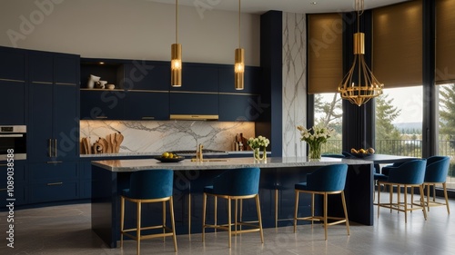 A contemporary kitchen with navy blue cabinets, gold accents, and a marble island complemented by stylish seating and elegant decor offering an elegant and inviting cooking space