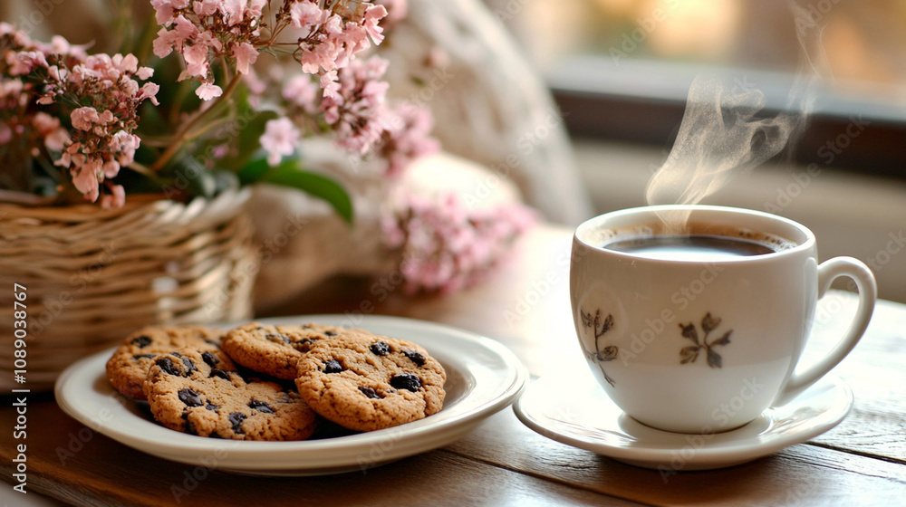 Close-up of a local café table with a steaming cup of coffee, a plate of cookies, and a small flower vase. Close-up of a local café table with a steaming cup of coffee, a plate of cookies, and a small flower vase.