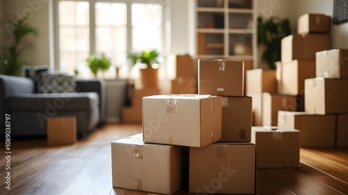 Stacked moving boxes in sunlit living room interior with modern furniture and houseplants, copy space