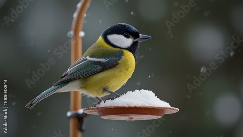 A brightly coloured blue tit sits on a feeder filled with snow, surrounded by gently falling flakes, showing off its bright yellow belly and distinctive blue and black markings