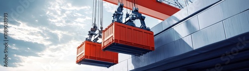 A close-up of red shipping containers being lifted by cranes against a blue sky, symbolizing freight transport. photo