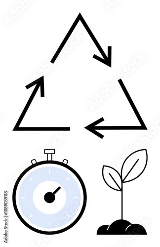 Recycle arrows timer and sprouting plant. Ideal for education, recycling, time management, growth, sustainability, environmental conservation, eco-friendliness. Line metaphor