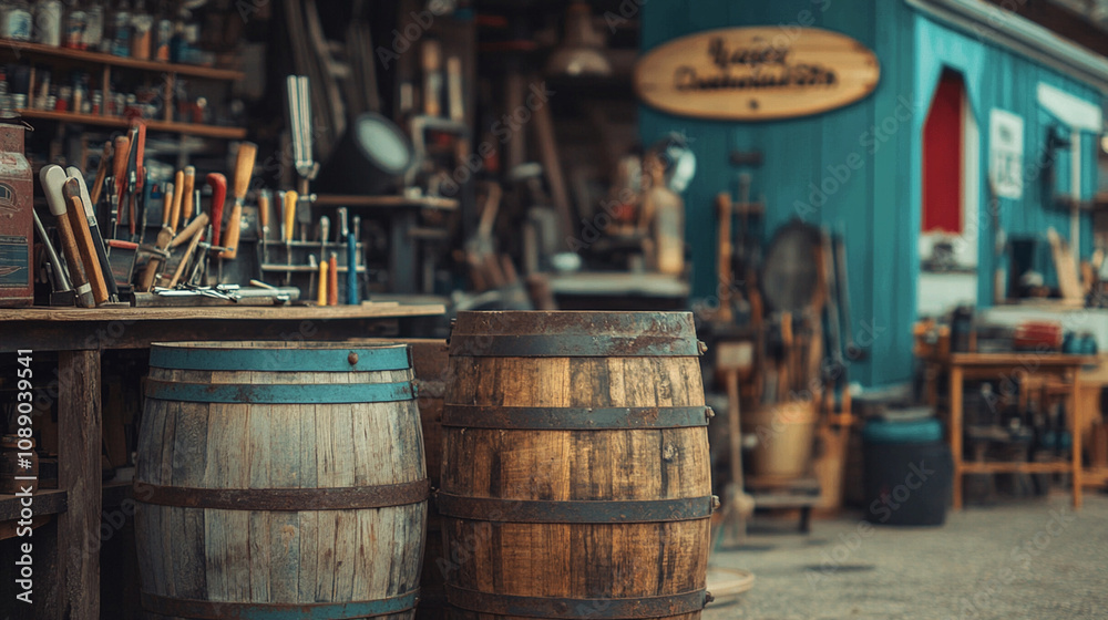 Detailed view of a local hardware store, focusing on wooden barrels filled with tools and a rustic sign. Detailed view of a local hardware store, focusing on wooden barrels filled with tools and a rustic sign.