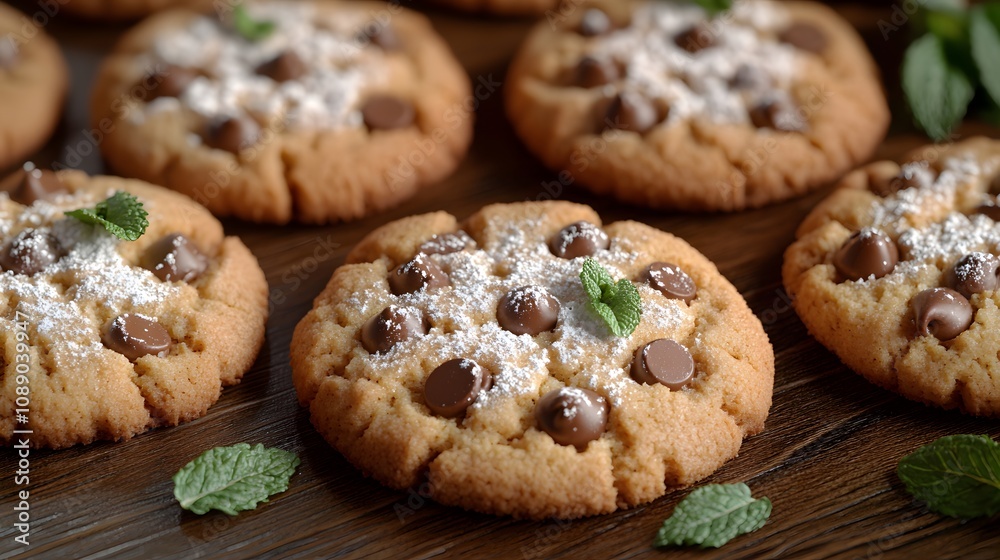 Freshly baked cookies with chocolate chips and mint garnishes on a wooden surface. Freshly baked cookies with chocolate chips and mint garnishes on a wooden surface.