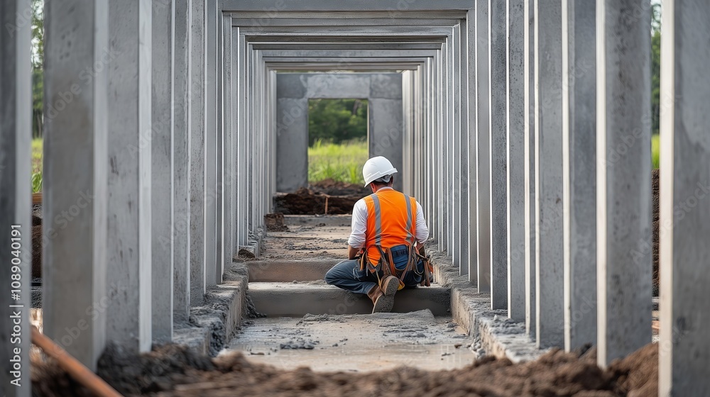 Construction worker inspecting concrete pillars on building site Construction worker inspecting concrete pillars on building site