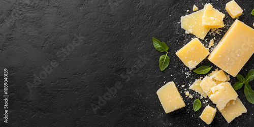 Delicious parmesan cheese pieces on a dark slate background, garnished with fresh basil leaves. Close up photo restaurant banner template